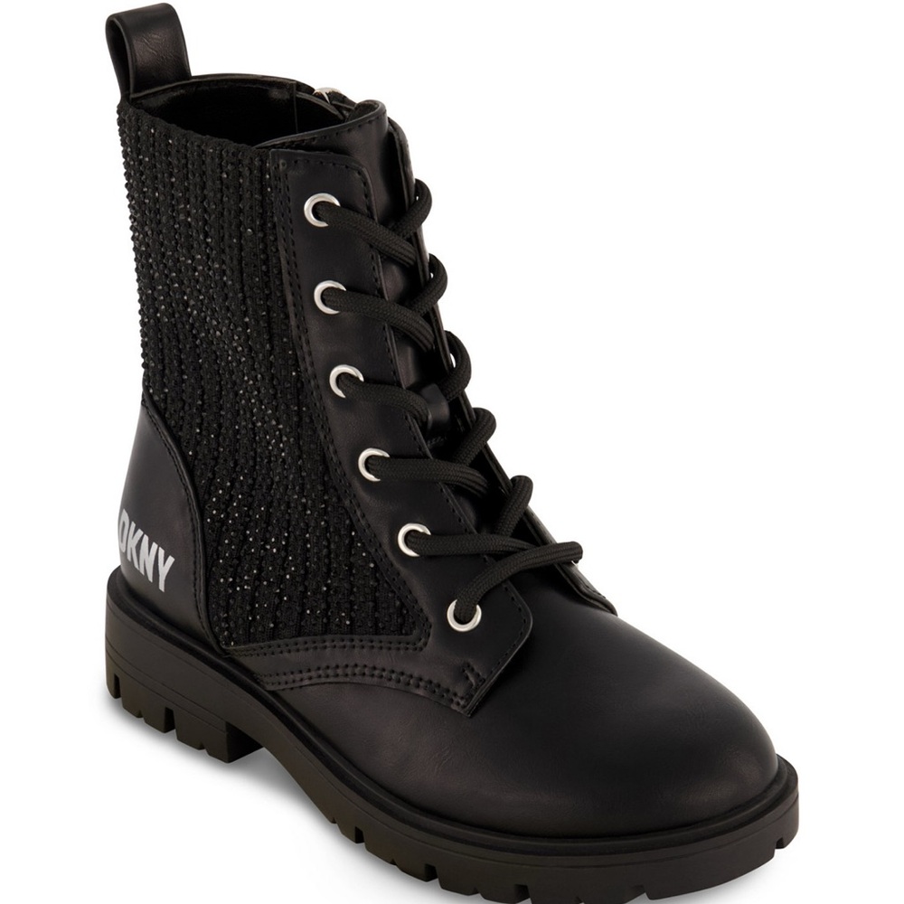 DKNY Girls Black Leather crystal side zip Combat Boots size 1